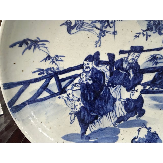 Vintage Large Blue White Scholars Students Graphic Porcelain Plate Display Art For Sale - Image 14 of 14
