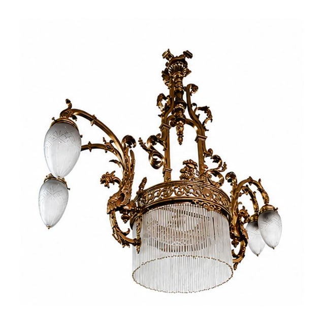 Liberty Chandelier in Gilded Bronze and Satin Glass, 1890s For Sale - Image 3 of 7