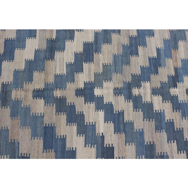 Hand Woven Flat-Weave Kilim Rug With a Modern Design in Blue and Creams For Sale - Image 11 of 13
