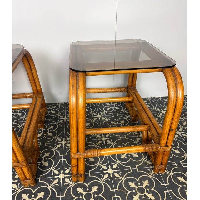 Mid-Century Modern Italian Bamboo and Rattan Side Tables with Smoked Glass, 1950s, Set of 2 For Sale - Image 17 of 18