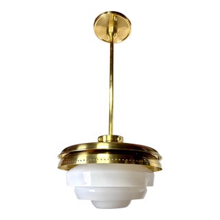 Modern Roman and Williams for Waterworks R W Atlas “Spunflower” Brass & Milk Glass Ceiling Pendant Light For Sale