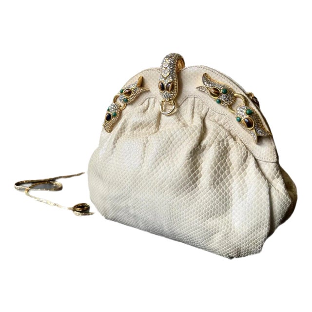 Judith Leiber Style Crystalized Serpent Ivory Snakeskin Clutch For Sale