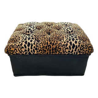 Vintage Hollywood Regency Style Leopard Velvet Ottoman For Sale