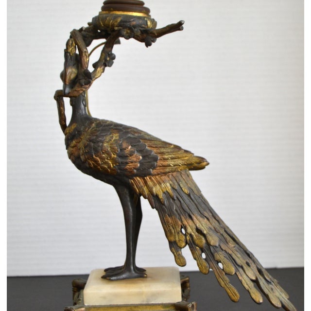 Bronze French Bronze and Marble Antique Peacock Table Lamp For Sale - Image 8 of 11