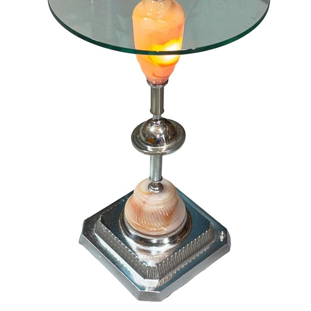 Silver 1930s Light Up Chrome Airplane Streamline Art Deco Drink Side Glass Top Table W/ Art Glass Base For Sale - Image 8 of 9