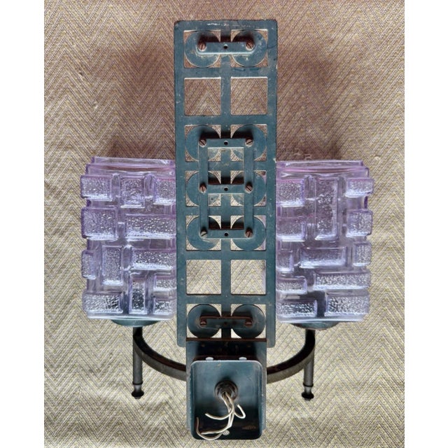 Amethyst Early 20th Century Art Deco Modernist Bronze Steel Amethyst Consolidated Art Glass Sconce For Sale - Image 8 of 10