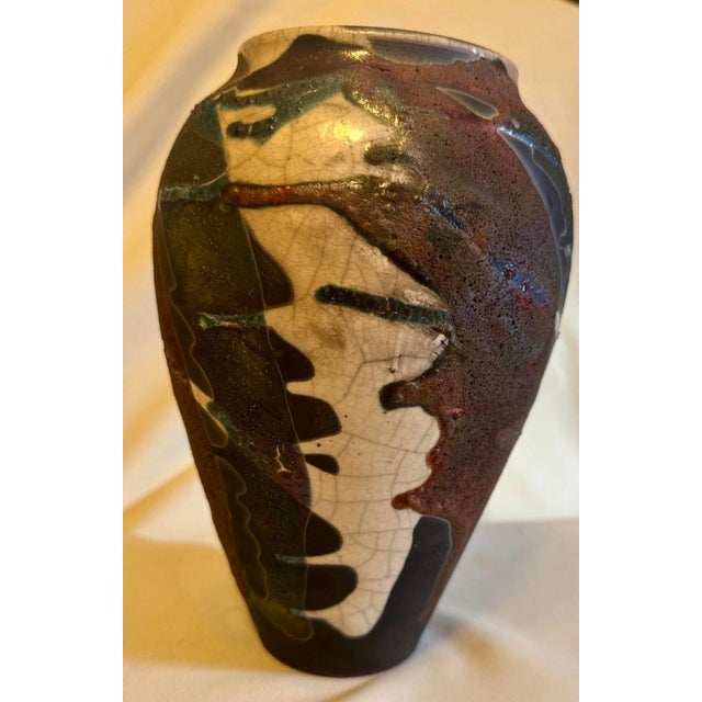 Abstract Alex Long Signed Raku Studio Pottery Vase - 8" - Lava & Crackle Glaze (2003) For Sale - Image 3 of 6