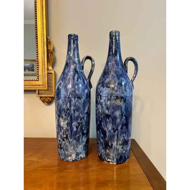 Striking Pair of Vintage Mid-Century Stoneware Capri Jugs / Pitchers – Coastal Blue Hues Discover a stunning matched pair...