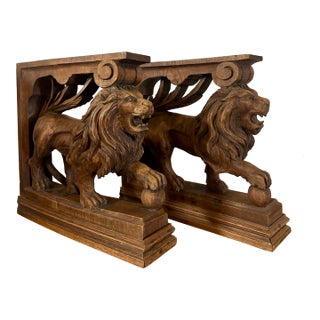 Antique Oak Hand Carved Lion Corbels For Sale