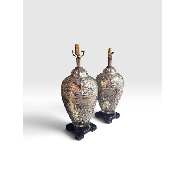 Vintage Silvered Glass Botanical Table Lamps on Chinoiserie Bases - a Pair For Sale In West Palm - Image 6 of 7
