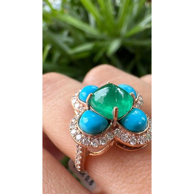 Set in 18k Gold, Art Deco Emerald Sugarloaf, Turquoise & Diamond Engagement Ring, Us Size 6 For Sale - Image 13 of 16