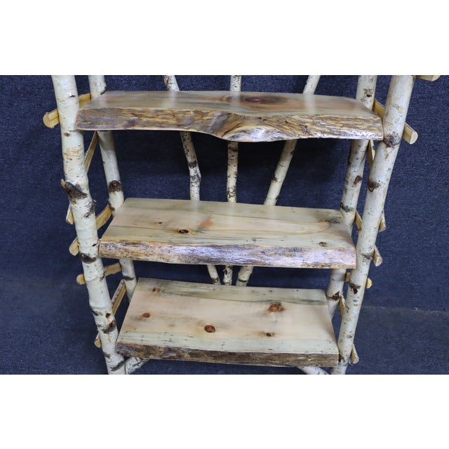 Rustic handcrafted Adirondack birch display shelf featuring three tiers, bark-on birch branch construction, and live-edge...