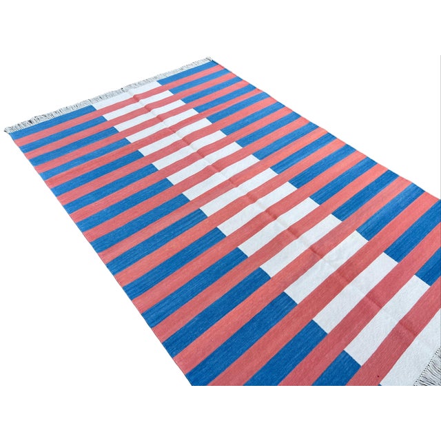 Royal Blue Handwoven Cotton Area Rug, Vegetable Dyed Blue, Terracotta and Cream Striped Dhurrie - 10'x14' For Sale - Image 8 of 10