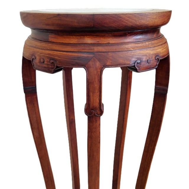 Wood Pair Vintage Chinese Bamboo Carved Hardwood & Marble Top Plant Stand Pedestals For Sale - Image 7 of 18