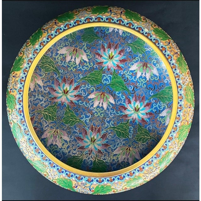 Chinese Large Vintage Chinese Cloisonné Lotus Bowl on Carved Wood Stand, 14 Inches For Sale - Image 3 of 8