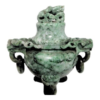 Vintage Chinese Jade Incense Burner, Covered, With Tripod Feet, Foo Dog Finial and Dragon Head Loose Ring Handles For Sale
