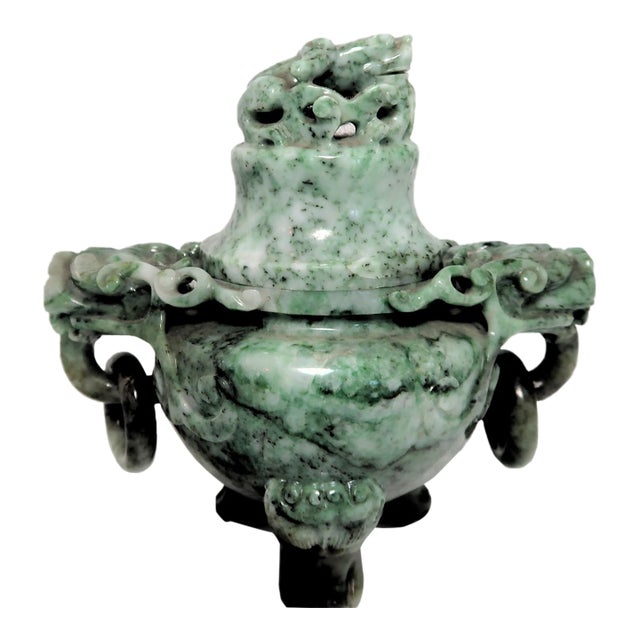 Vintage Chinese Jade Incense Burner, Covered, With Tripod Feet, Foo Dog Finial and Dragon Head Loose Ring Handles For Sale