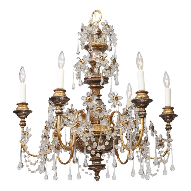 1930s Genovese Two-Tone Giltwood & Crystal Chandelier, Italy For Sale