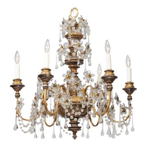 1930s Genovese Two-Tone Giltwood & Crystal Chandelier, Italy