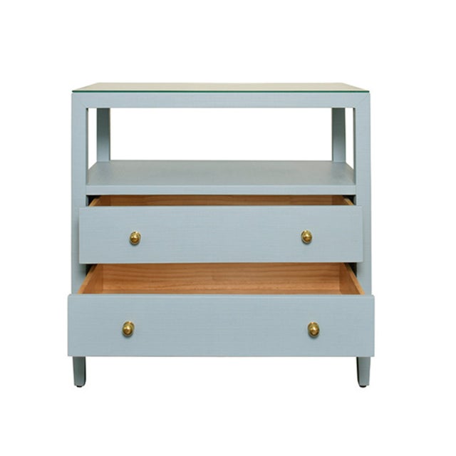 Not Yet Made - Made To Order Matthew Izzo Home Douglas Textured Light Blue Linen Two Drawer Side Table With Open Shelf and Polished Brass Knobs For Sale - Image 5 of 8