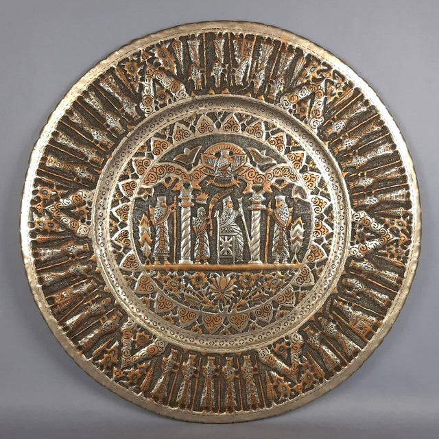 Persian Qalam Zani Chiseled Silvered Copper Wall Plate Art, 1900s For Sale - Image 13 of 13