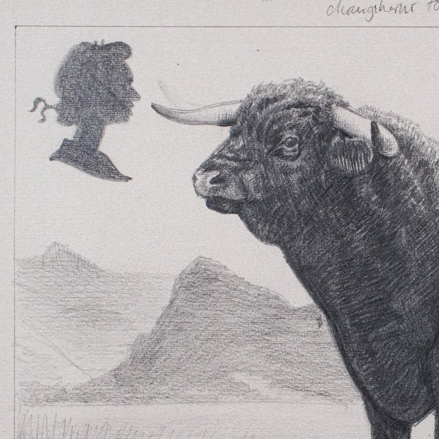 1980s Vintage Stamp Proof Sketch, English, Barry Driscoll, Welsh Black Bull, Framed For Sale - Image 5 of 10