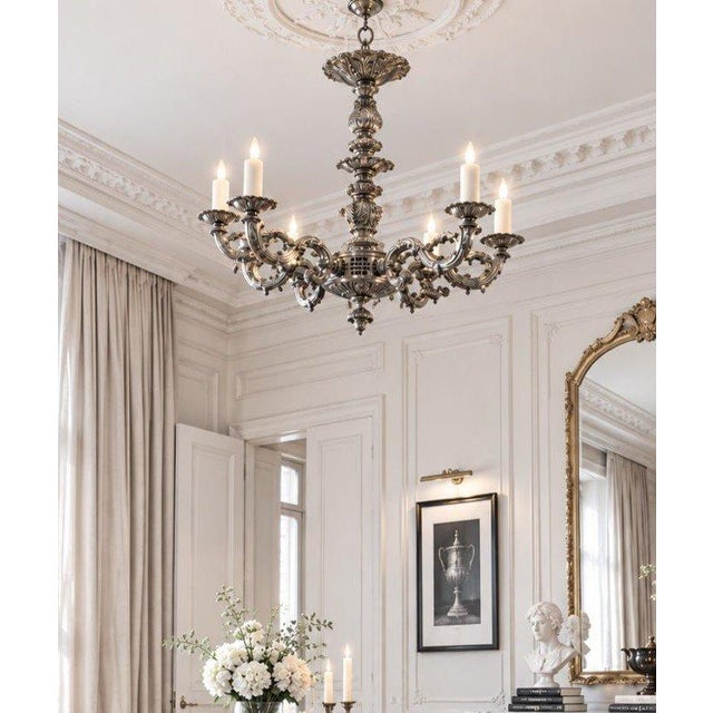 Metal Vintage European Neo-Baroque Style Rocaille Decor 5 Arm Silver Metal Chandelier For Sale - Image 7 of 7