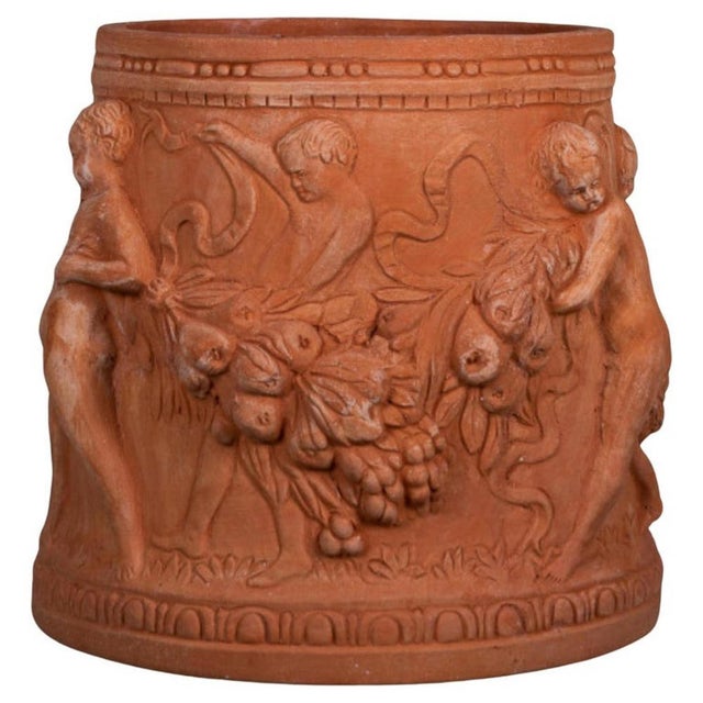 Cylindrical Terracotta Impruneta Planters with Putti, Late 20th Century, Set of 2 For Sale - Image 4 of 6