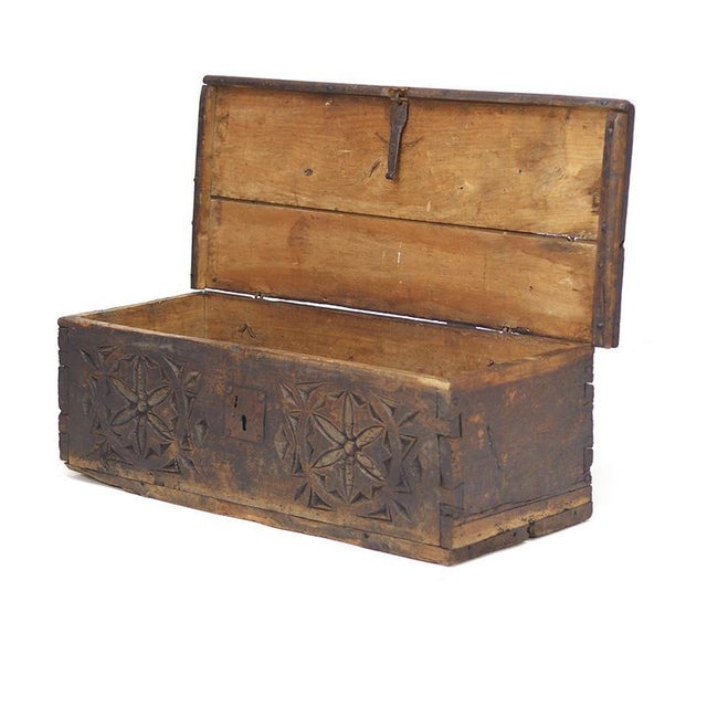 Antique Rustic Folk Art Spanish Carved Chest For Sale - Image 9 of 12