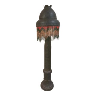 Antique Middle Eastern Brass Floor Lamp With Brass Shade and Beeds For Sale