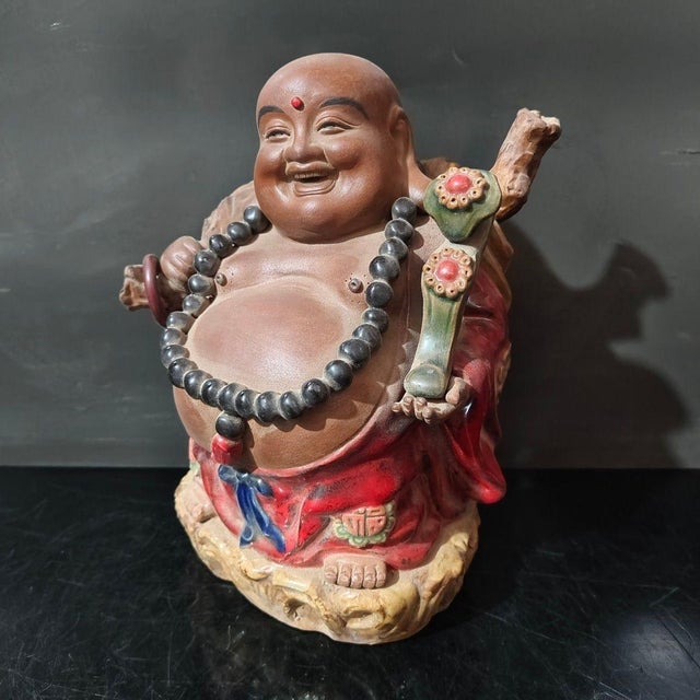Vintage Shiwan Kiln Glazed Laughing Buddha Statue / Budai Figure For Sale - Image 4 of 6