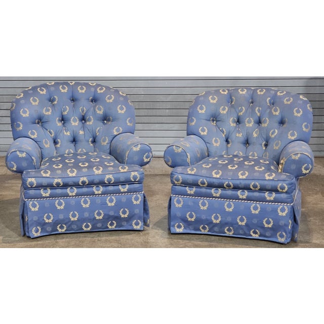Modern Late 20th Century Pair of Charles Stewart Club Chairs Prussian Blue Napoleonic Tufted Fabric For Sale - Image 3 of 12