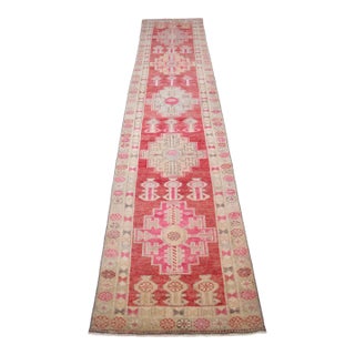 Hand-Knotted Turkish Runner Rug, Low Pile Hallway Rug Kitchen Decor - 3′ × 12′3″ For Sale