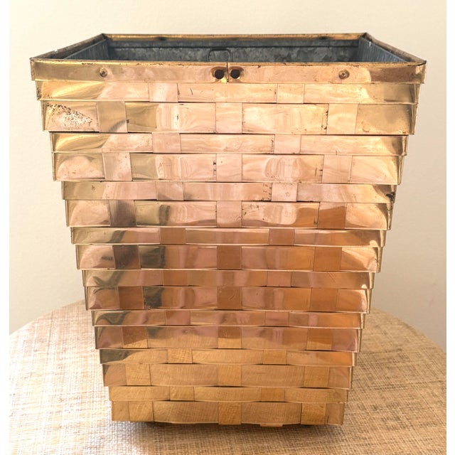 Vintage Brass Woven Wastebin/Planter With Zinc Insert For Sale - Image 4 of 10