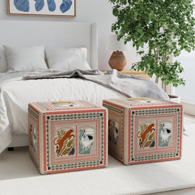 Not Yet Made - Made To Order Cube Ottoman in Fauna Multi, Set of 2 For Sale - Image 5 of 7