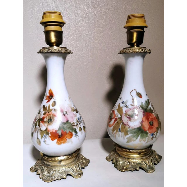 Napoleon III Style French Hand Painted Opaline Glass Oil Lamps - a Pair For Sale - Image 13 of 13