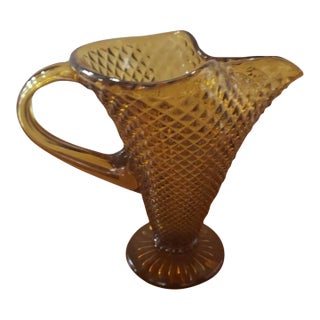 Vintage Amber Glass Pitcher Vase Diamond Point, Made in Italy For Sale