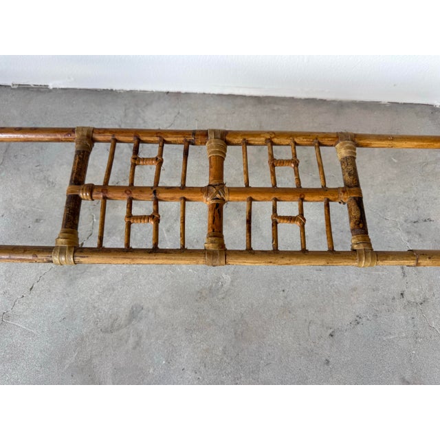 Wood Vintage Bamboo & Leather Chinese Chippendale Fretwork Console Table With Parquet Top For Sale - Image 7 of 12