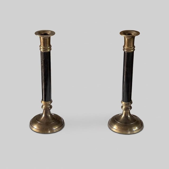 Hollywood Regency Vintage Neoclassical Brass and Black Metal Column Candlesticks, 1980s, Set of 2 For Sale - Image 3 of 10