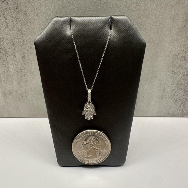 Diamond Hamsa Necklace in 10kt White Gold – 0.25ctw, 18in, New For Sale - Image 4 of 5