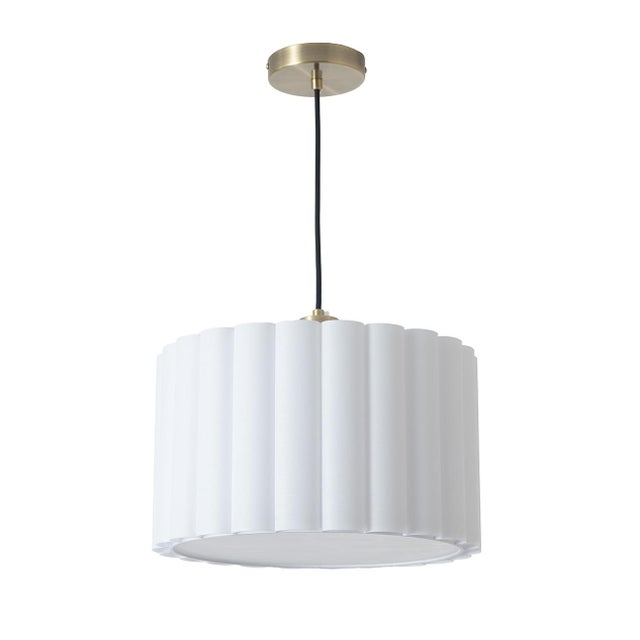 Mid-Century Modern Scalloped Pendant Light - Weathered Brass, White Linen, Diffuser, Dimmable For Sale - Image 3 of 7