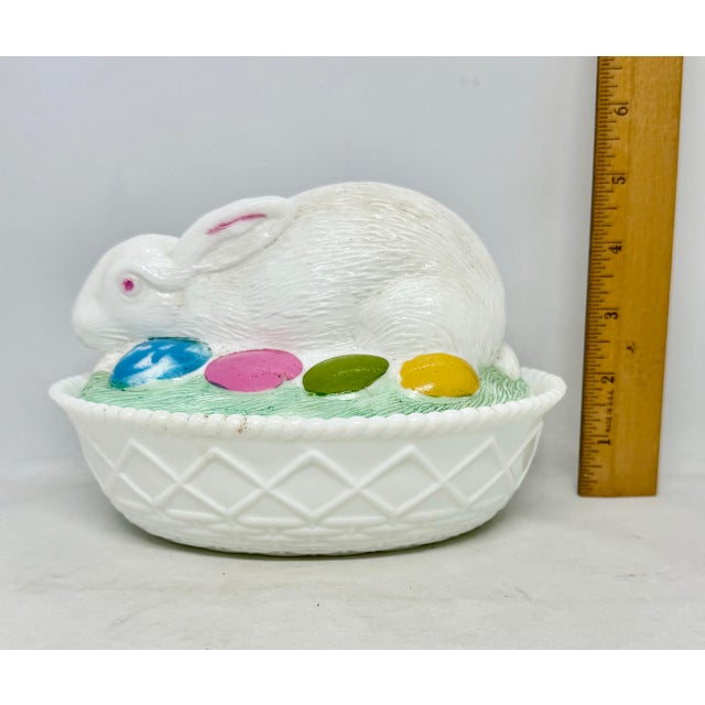 Vintage Milk Glass Easter Bunny Rabbit Covered Painted Candy Trinket Dish & Lid For Sale - Image 9 of 12