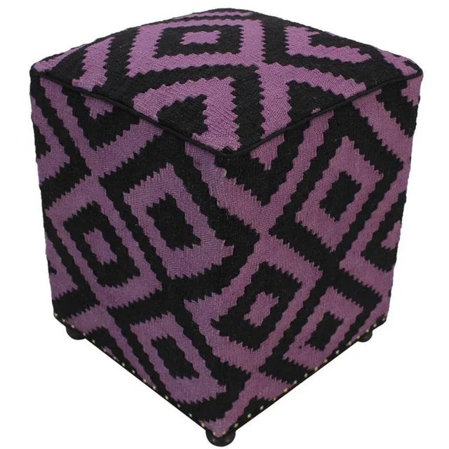 Boho Chic Black/Purple Handmade Kilim Upholstered Ottoman For Sale - Image 10 of 11