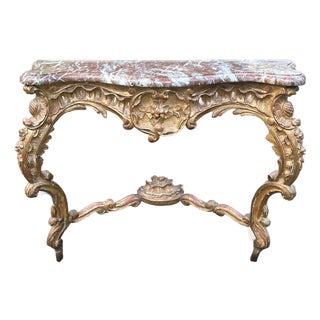 Italian Marble Top Rococo Gilt Bracket Console With Stretcher For Sale