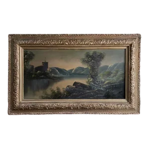 Antique 19th C. Continental Riverscape/Landscape W/ Boats & Castle, Framed (Oil on Canvas)