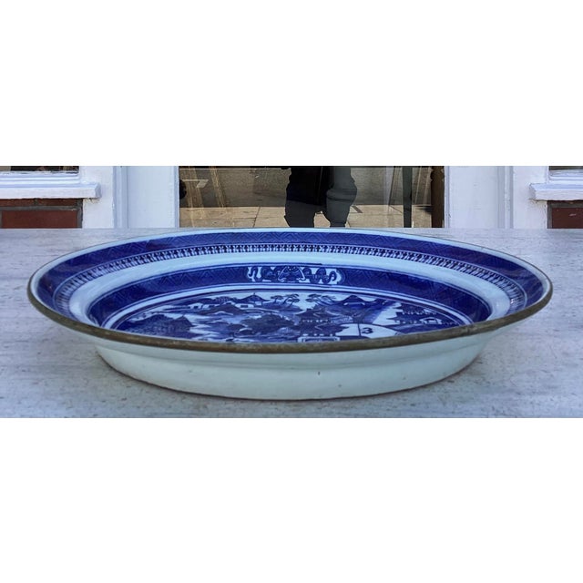 19th Century Antique Chinese Export Pottery Blue & White Willow Platter For Sale - Image 5 of 6