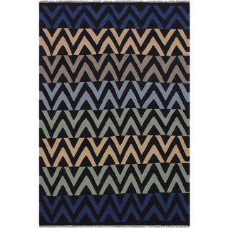 Abstract Kilim Hand-Woven Wool Rug -5′2″ × 7′1″ For Sale