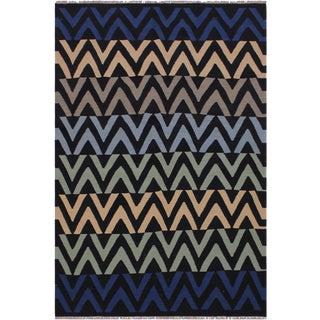 Abstract Kilim Hand-Woven Wool Rug -5′2″ × 7′1″ For Sale