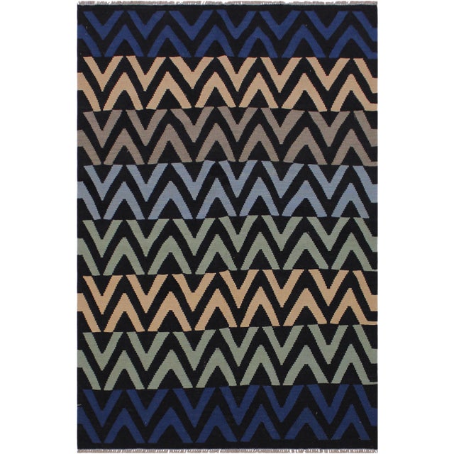 Abstract Kilim Hand-Woven Wool Rug -5′2″ × 7′1″ For Sale