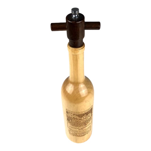 Vintage Wood Peppermill Etched Wine Bottle Shape For Sale